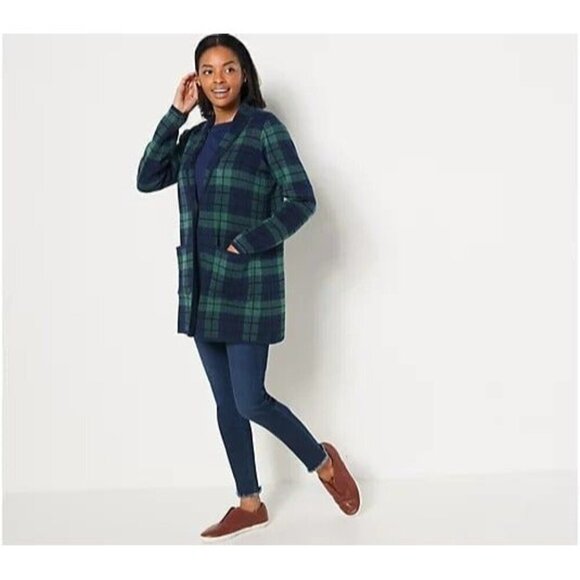 Denim & Co. Plaid Sweater Coat Green Blue Large NWT QVC - Picture 1 of 5